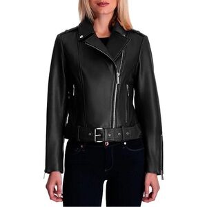 Michael Kors Belted Leather Biker Jacket - XS